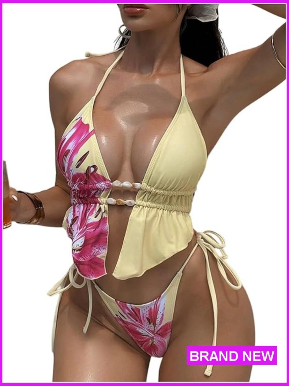 Floral Tankini Swimsuits 2 Piece Beaded Halter Set Cheeky Bathing Suit Sexy
